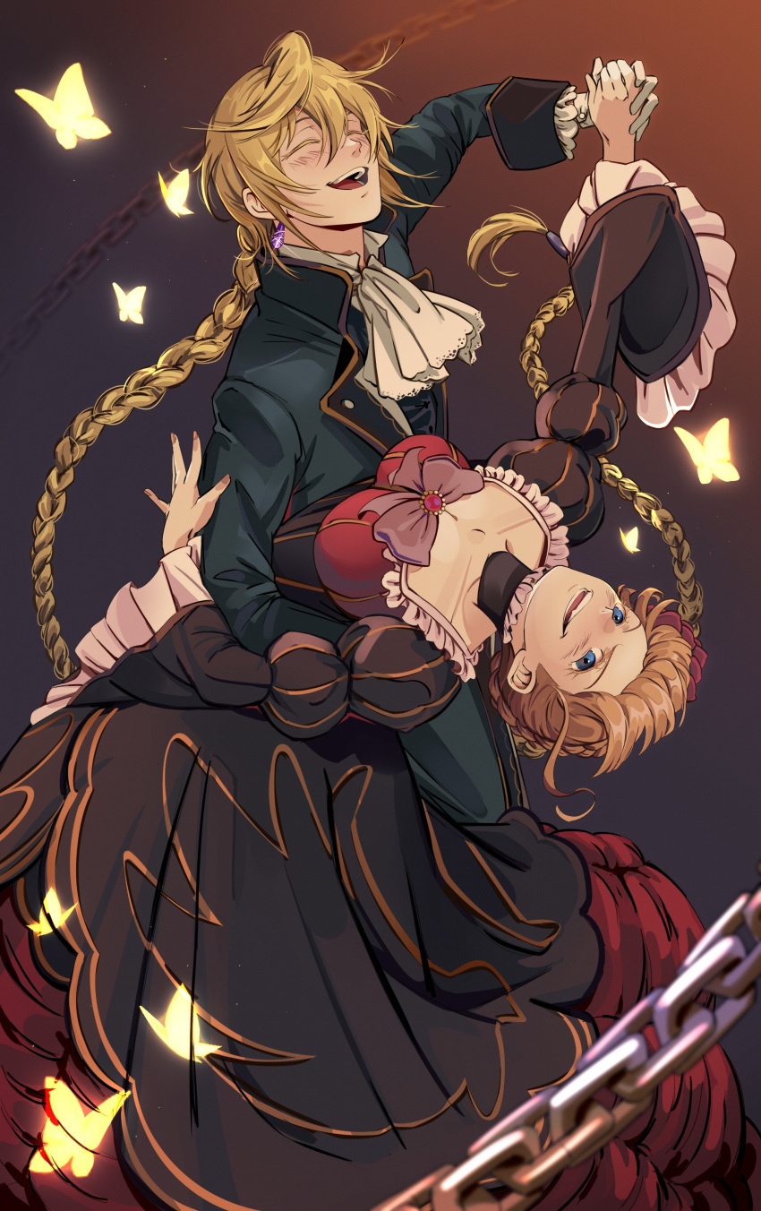>_<, 1boy, 1girl, :d, absurdres, beatrice_(umineko), black_dress, black_vest, blonde_hair, blue_eyes, bow, braid, brown_choker, bug, butterfly, chain, choker, closed_eyes, coat, crossover, dancing, dress, dress_bow, frilled_choker, frilled_dress, frilled_sleeves, frills, green_coat, highres, jack_vessalius, pandora_hearts, smile, umineko_no_naku_koro_ni, uneasywolf, vest, xd