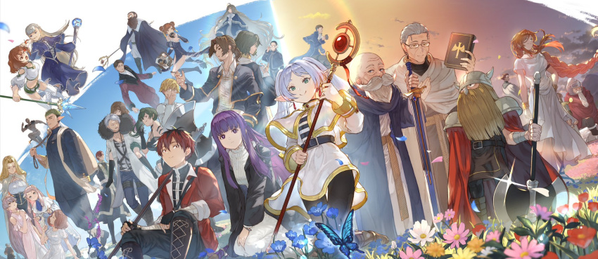 6+boys, 6+girls, absurdly_long_hair, adjusting_eyewear, ahoge, arm_behind_back, arm_up, arms_up