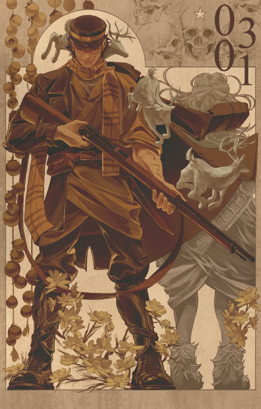 1boy, 1girl, arisaka, asirpa, back-to-back, birthday, bolt_action, boots