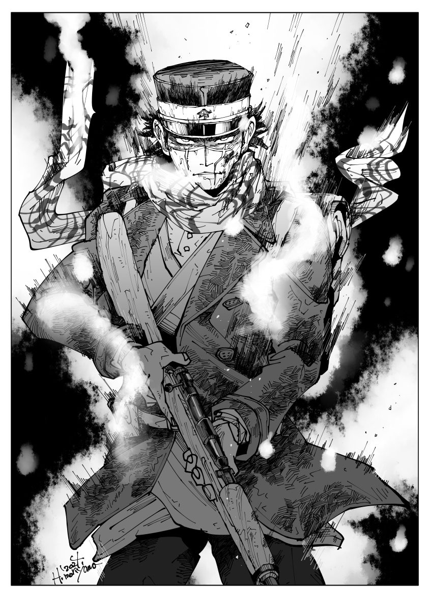 1boy, arisaka, birthday, blood, blood_on_face, bolt_action, cowboy_shot, frown