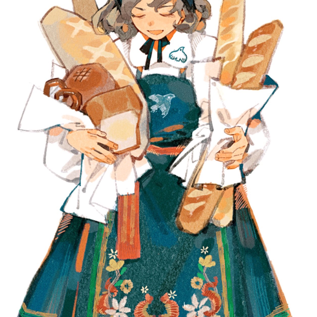 1girl, baguette, black_dress, bread, bread_bun, brown_hair, closed_eyes, dress