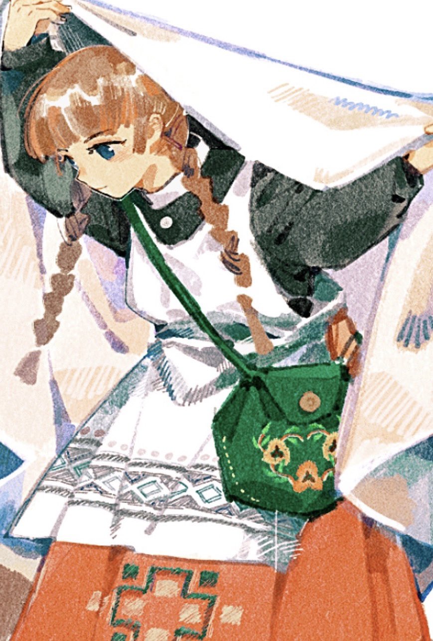 1girl, apron, arms_up, bag, black_shirt, blanket, blue_eyes, braid