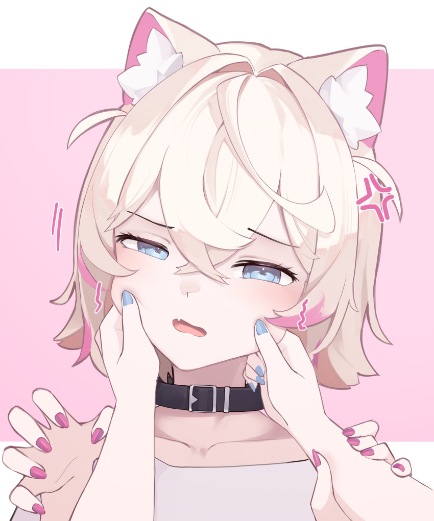 2girls, absurdres, animal_ear_fluff, animal_ears, black_collar, blonde_hair, blue_eyes, blue_nails