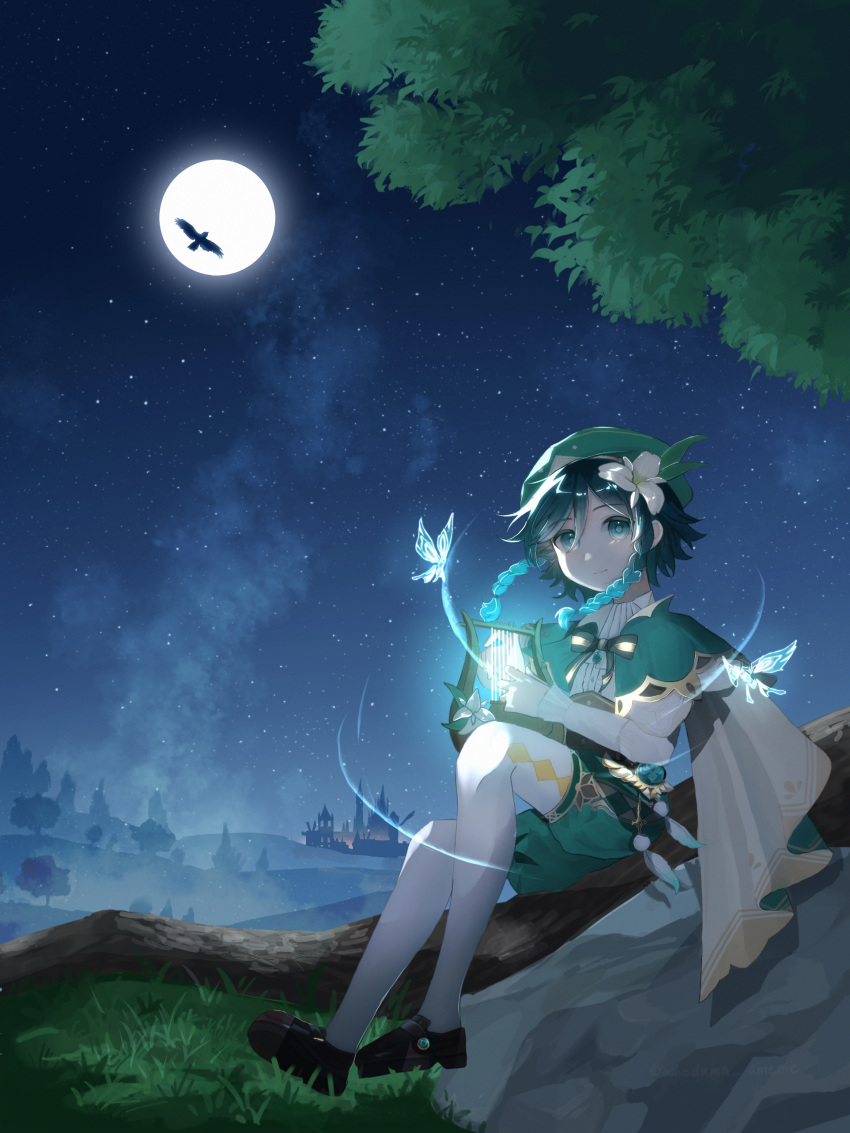 1boy, absurdres, amedama_ameme, aqua_hair, bird, black_footwear, black_hair, braid