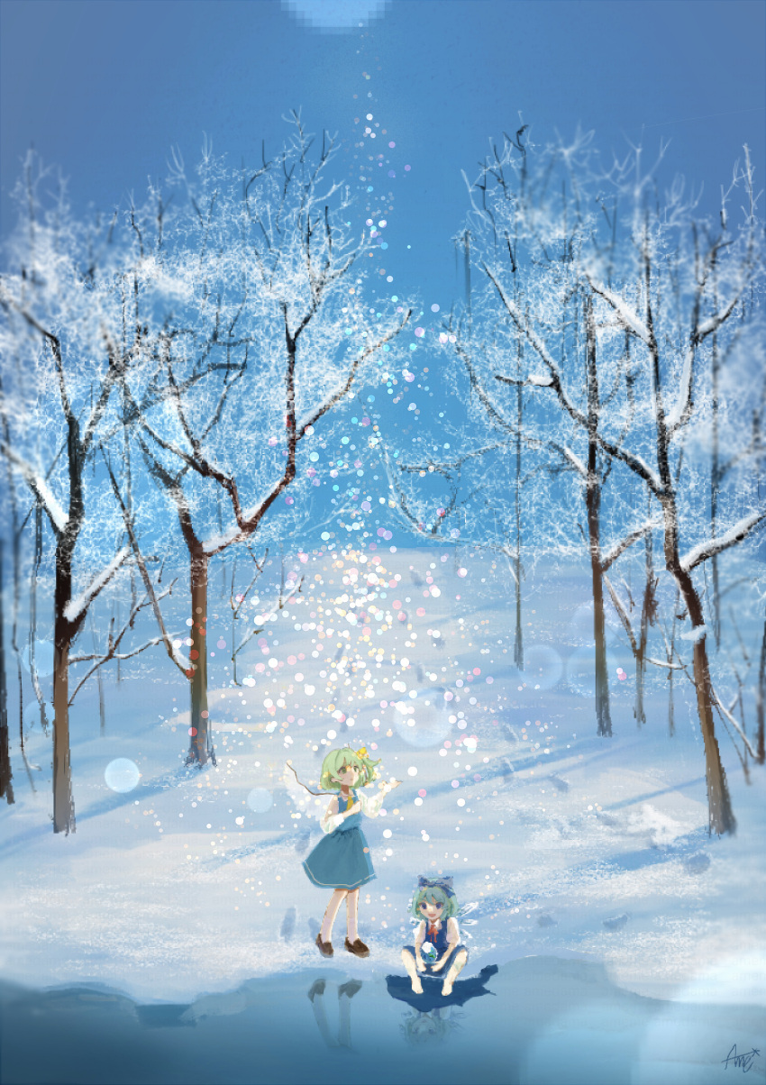 2girls, :d, absurdres, amedama_ameme, ascot, bare_arms, bare_legs, bare_tree