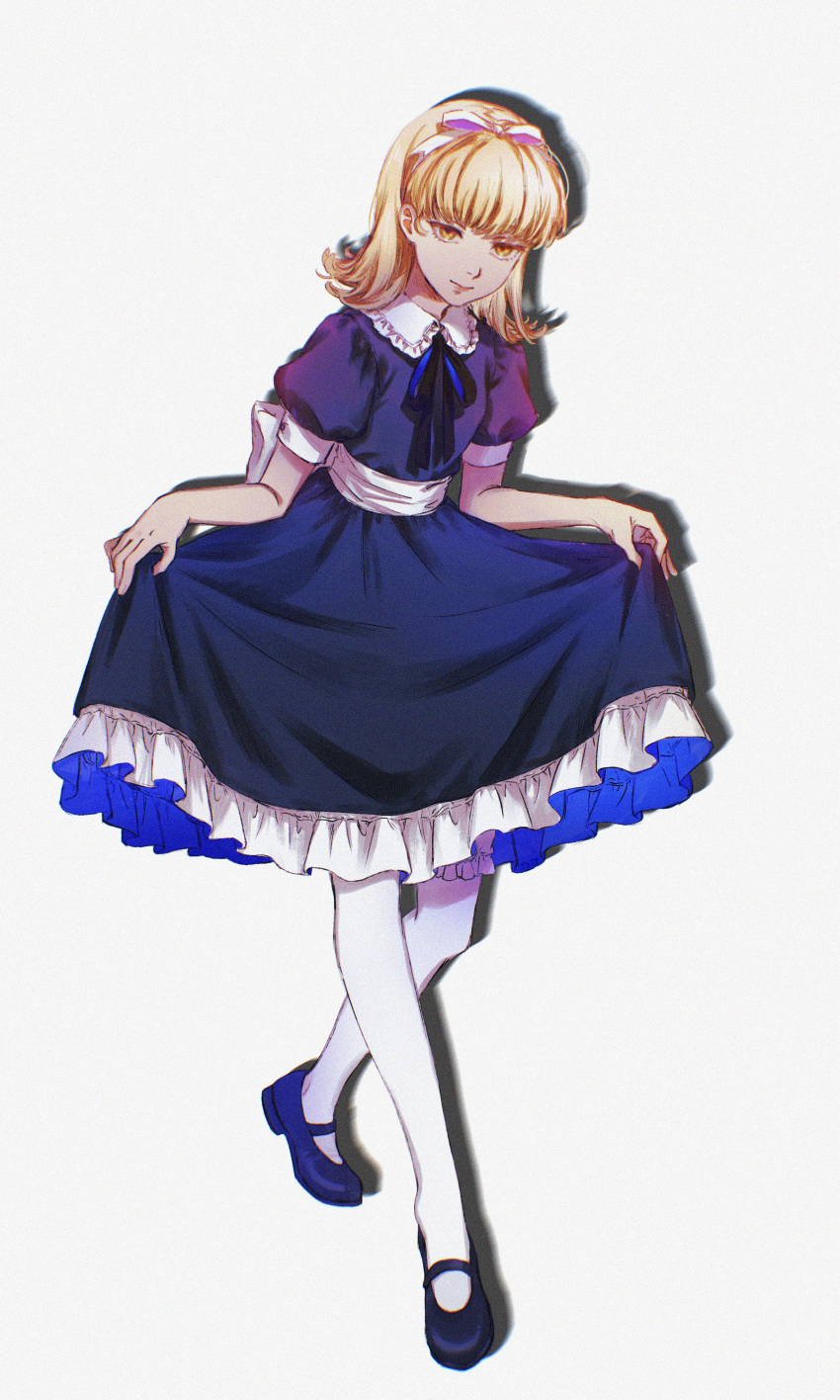 1girl, absurdres, alice_(megami_tensei), blonde_hair, blue_dress, blue_ribbon, curtsey, dress