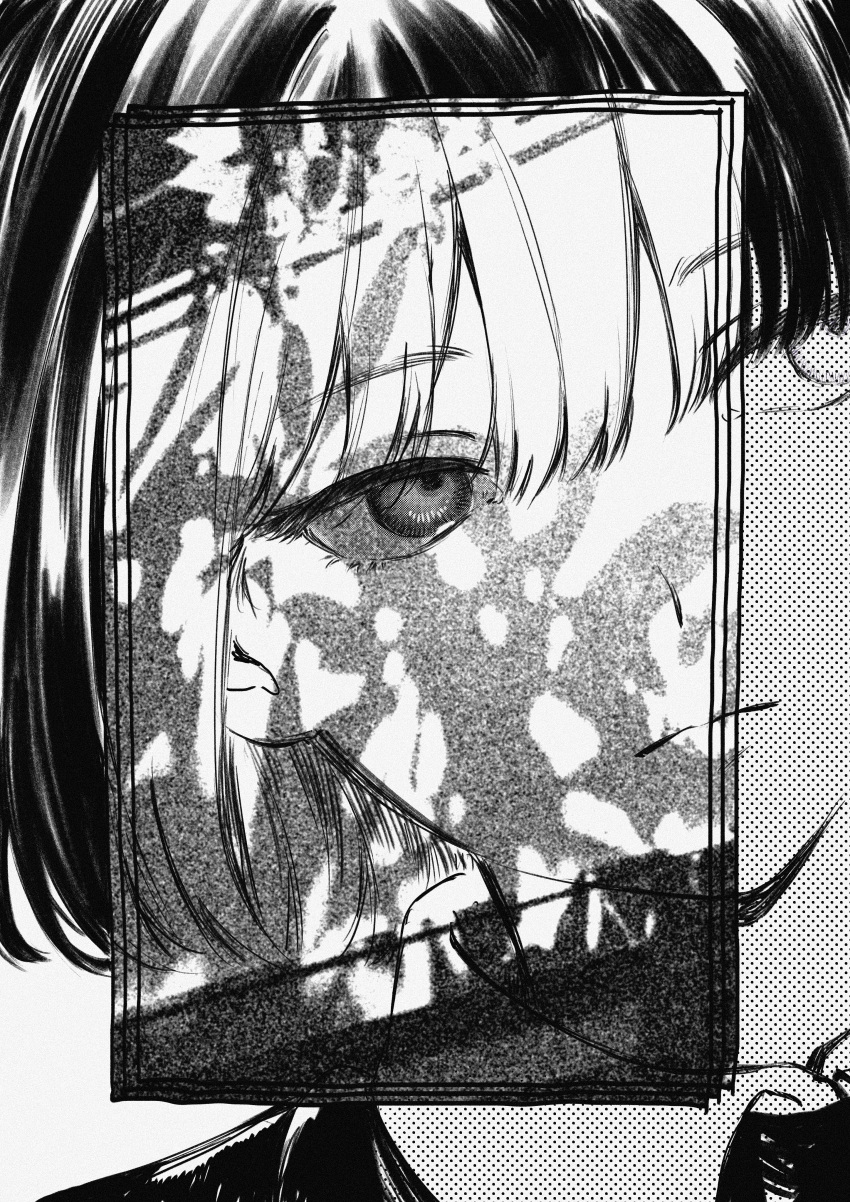 1girl, absurdres, bob_cut, close-up, expressionless, greyscale, highres, inverted_colors