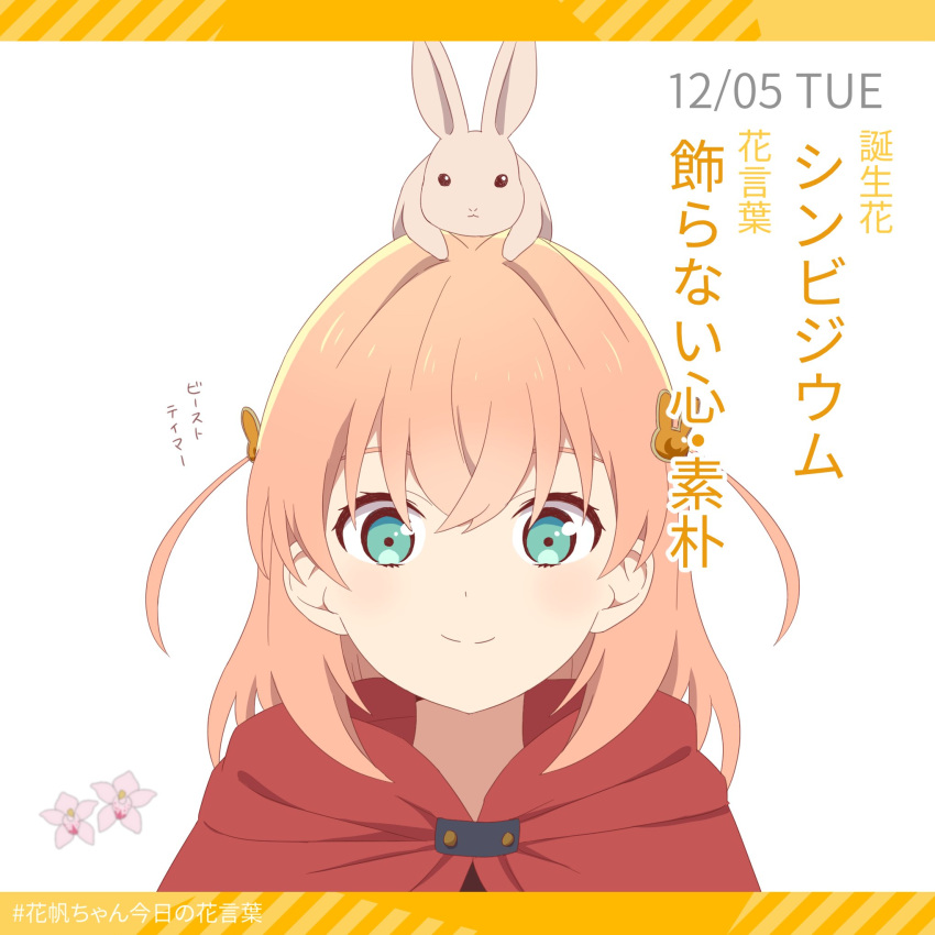 1girl, animal_on_head, capelet, check_commentary, commentary_request, crossed_bangs, cymbidium, dated