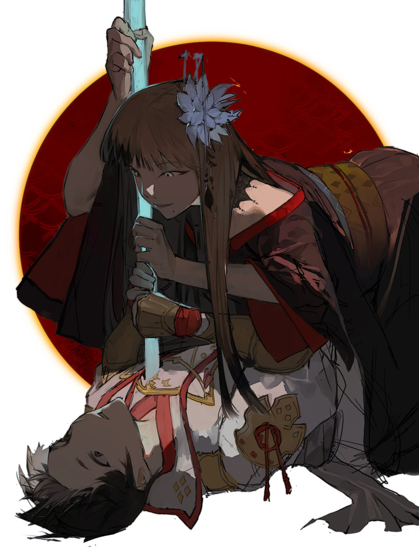 1boy, 1girl, absurdres, asahi_sas_brutus, black_collar, black_eyes, black_hair, black_kimono