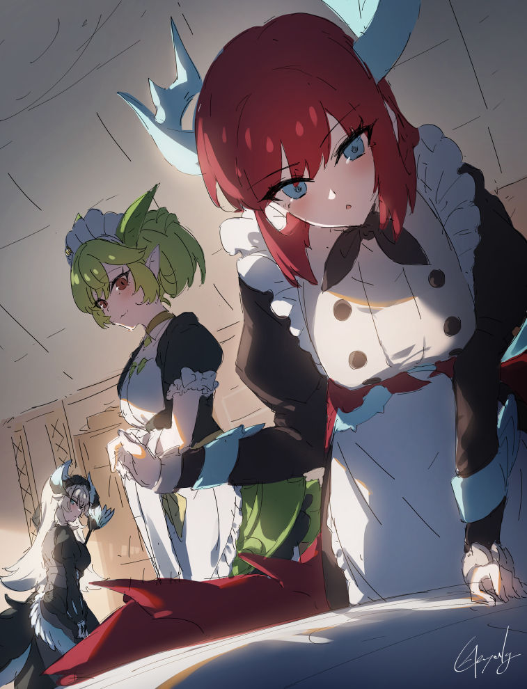 3girls, apron, black_dress, blue_eyes, breasts, chamber_dragonmaid, dragon_girl, dragon_horns