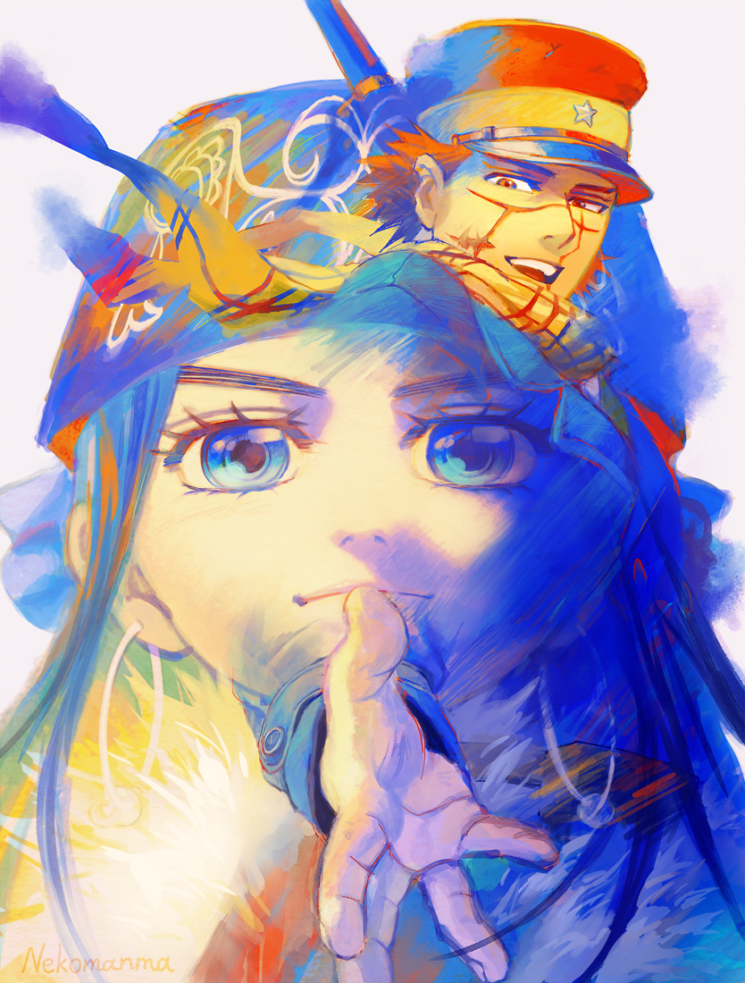 1girl, ainu, ainu_clothes, asirpa, bandana, beckoning, birthday, double_exposure