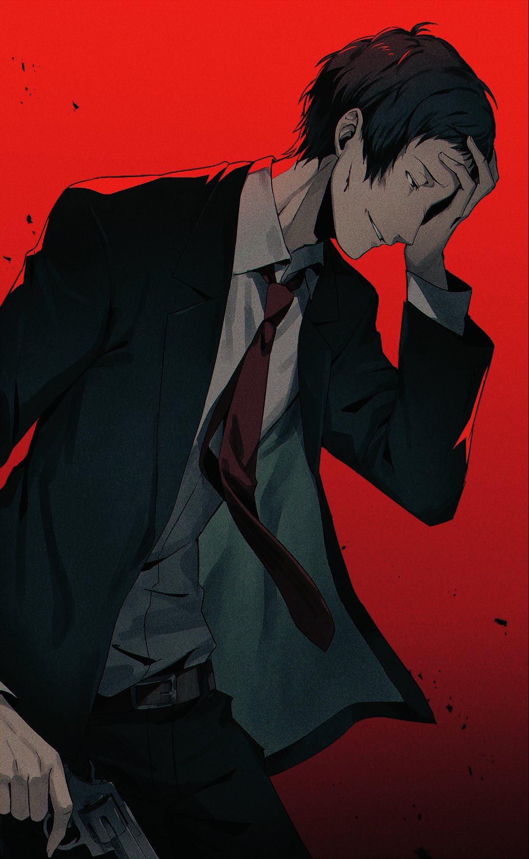 1boy, adachi_tooru, arm_at_side, black_hair, black_jacket, collared_shirt, commentary_request, cowboy_shot, dark, dress_shirt, film_grain, from_side, grin, gun, half-closed_eyes, hand_on_own_head, hand_up, handgun, highres, holding, holding_gun, holding_weapon, jacket, leaning_forward, looking_down, necktie, open_clothes, open_jacket, persona, persona_4, profile, red_background, red_necktie, shirt, short_hair, simple_background, smile, smirk, solo, weapon, white_shirt, yoshino_saku