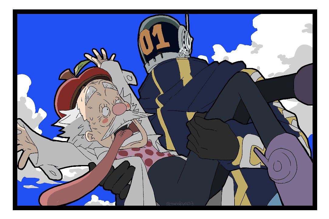 2boys, apple, arms_up, black_coat, black_gloves, blue_sky, blush, carrying