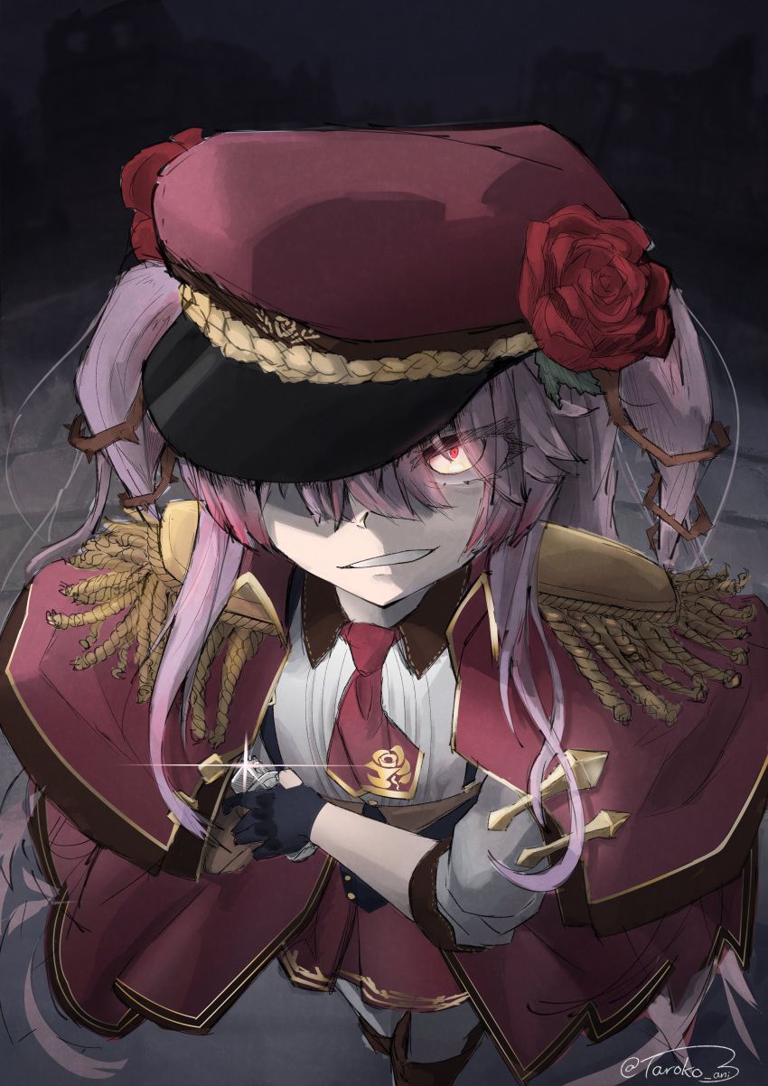 1girl, absurdres, black_gloves, building, cape, english_commentary, epaulettes, feet_out_of_frame