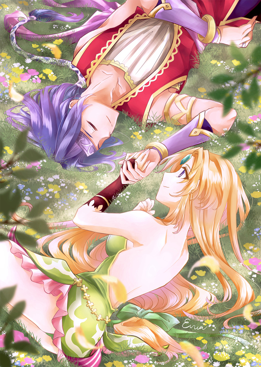 1boy, 1girl, artist_name, backless_outfit, bare_shoulders, blonde_hair, blue_eyes, breasts, closed_eyes, dress, eiria0228, fingerless_gloves, flower, forehead_jewel, gloves, grass, green_dress, hawkeye_(seiken_densetsu_3), highres, holding_hands, long_hair, low-tied_long_hair, medium_breasts, purple_hair, red_tunic, riesz, seiken_densetsu, seiken_densetsu_3, smile