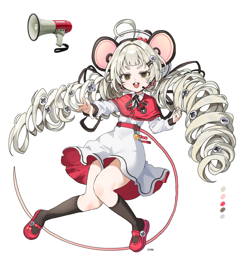 1girl, ahoge, animal_ears, black_ribbon, black_socks, buck_teeth, capelet, dress, drill_hair, grey_hair, hair_ornament, hairclip, headset, highres, instrument, kneehighs, knees_together_feet_apart, long_hair, mary_janes, mouse_ears, mouse_girl, mouse_tail, neck_ribbon, ohw8g, original, red_capelet, red_footwear, reference_inset, ribbon, screw_hair_ornament, shoes, simple_background, socks, solo, tail, teeth, trumpet, twin_drills, twitter_username, two-sided_dress, two-sided_fabric, very_long_hair, white_background, white_dress
