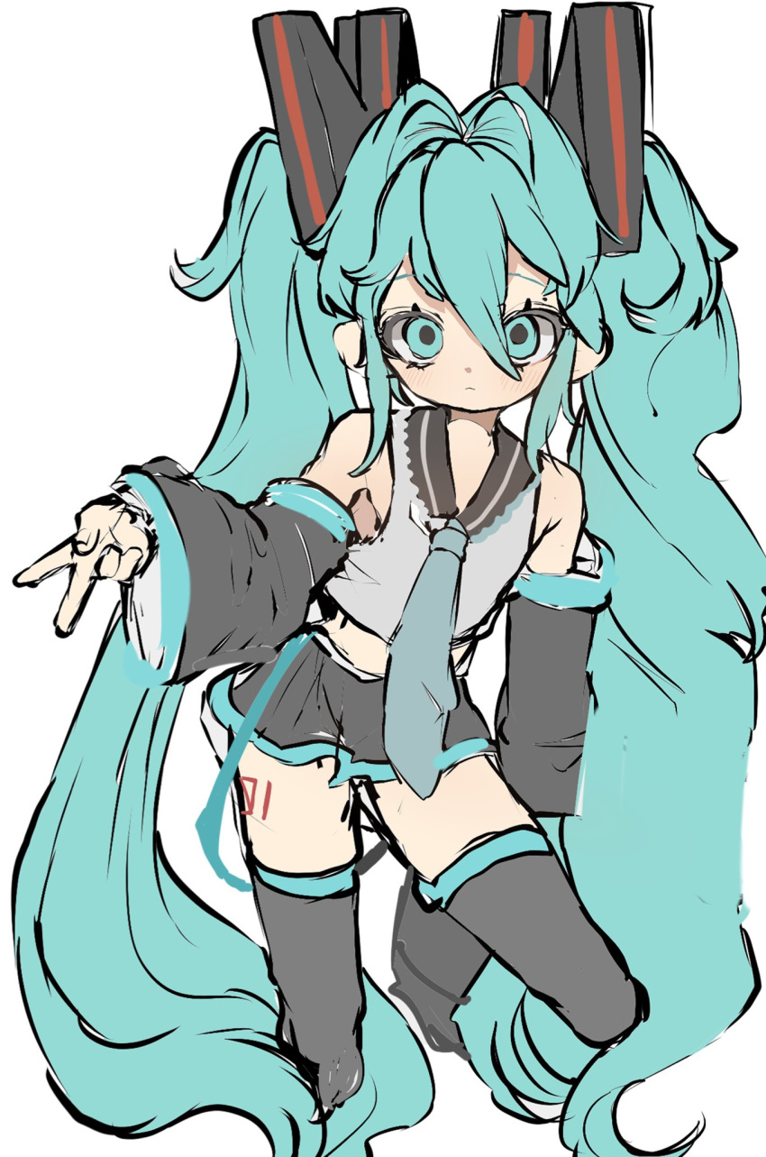 1girl, aqua_eyes, aqua_hair, aqua_necktie, aqua_trim, black_thighhighs, detached_sleeves, grey_shirt, hair_between_eyes, hair_intakes, hatsune_miku, highres, inkopico, long_hair, looking_at_viewer, midriff, necktie, shirt, sidelocks, solo, thigh-highs, twintails, v, very_long_hair, vocaloid, white_background, zettai_ryouiki