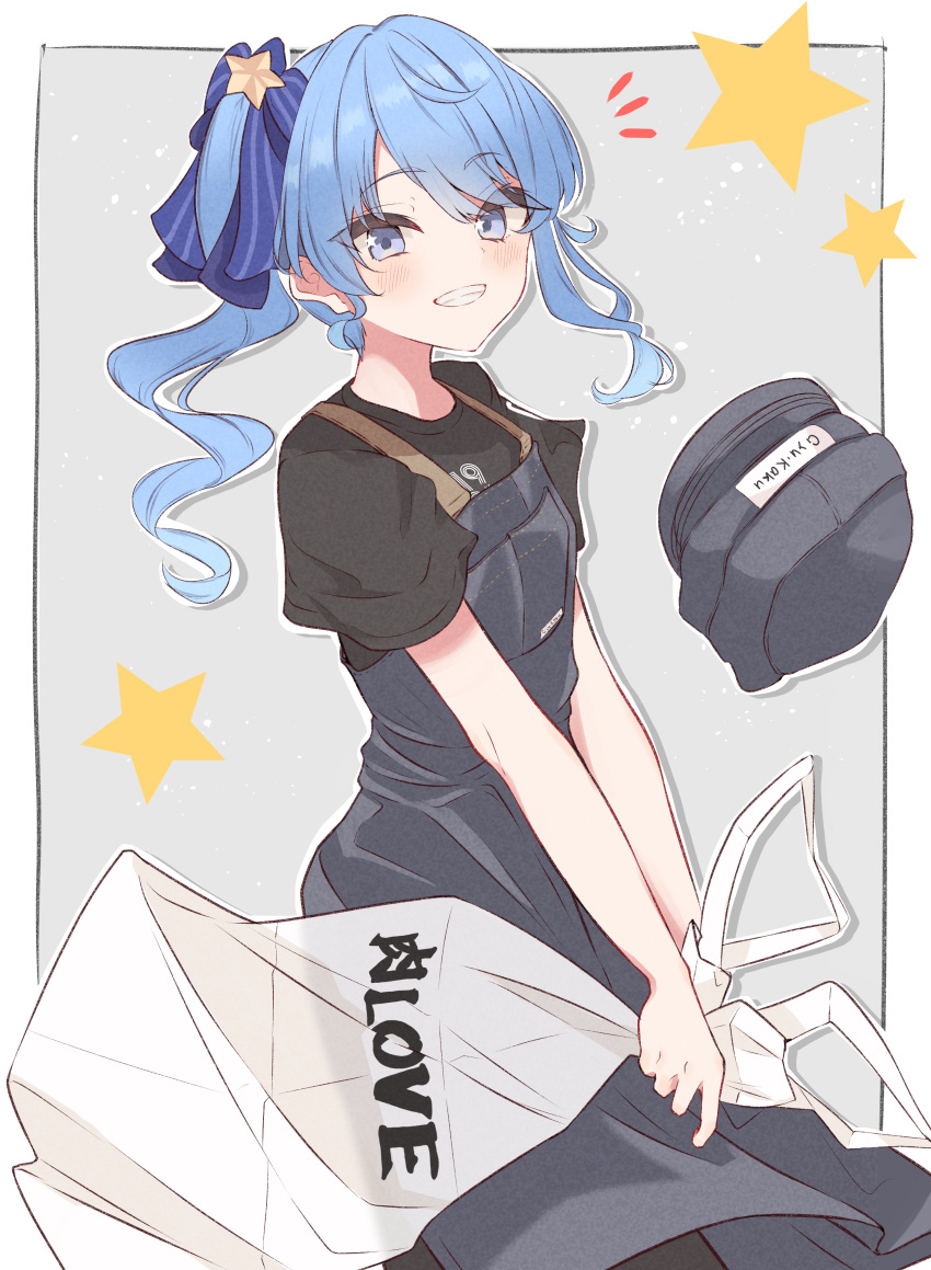 1girl, absurdres, apron, black_pants, black_shirt, blue_eyes, blue_hair, blush