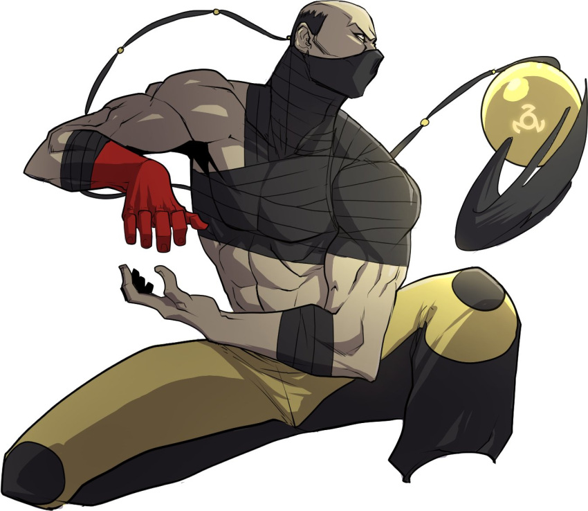1boy, abs, black_hair, commentary, english_commentary, gloves, lin_(kof), long_hair
