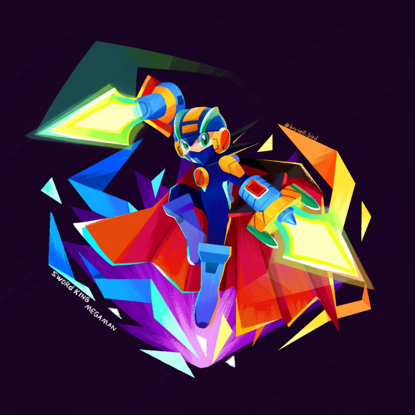 1boy, arm_blade, black_hair, blue_bodysuit, blue_footwear, blue_headwear, bodysuit, buysell_bird