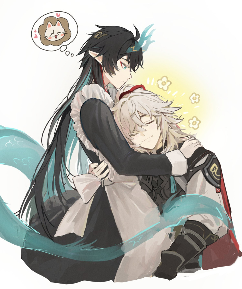2boys, :3, black_dress, black_hair, blue_eyes, blue_hair, closed_eyes, closed_mouth