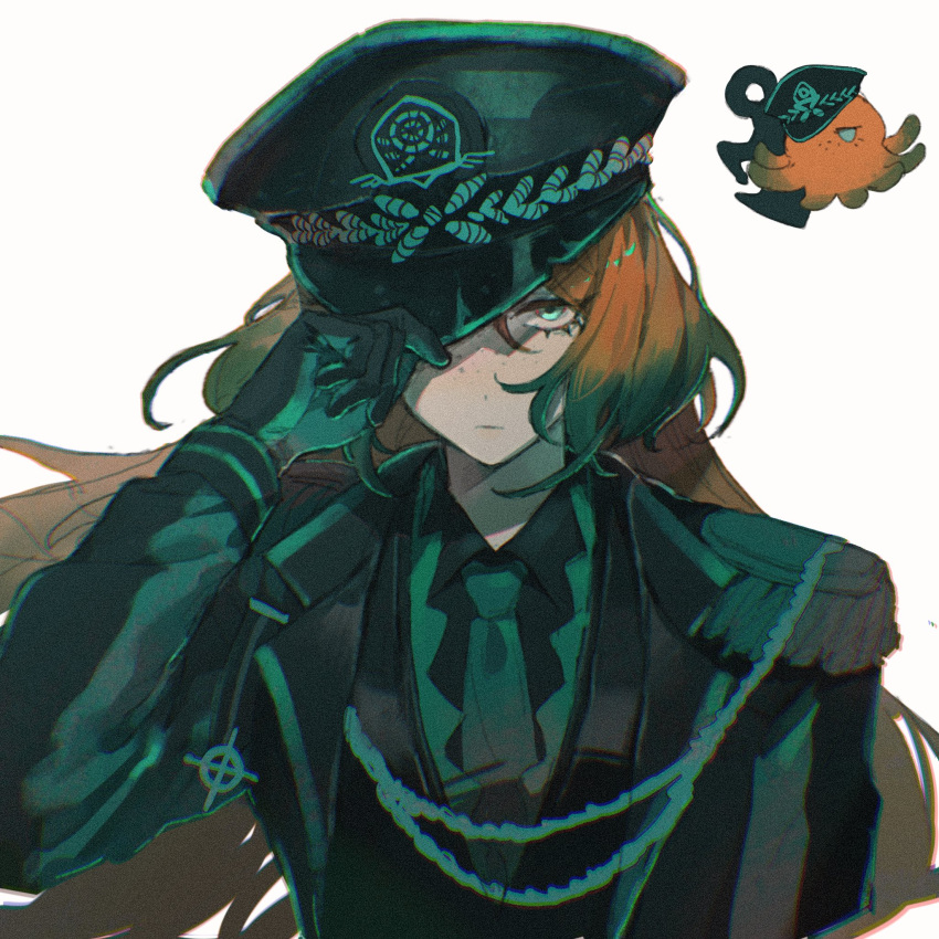 1girl, aiguillette, anchor, aqua_eyes, black_coat, black_gloves, black_shirt, coat