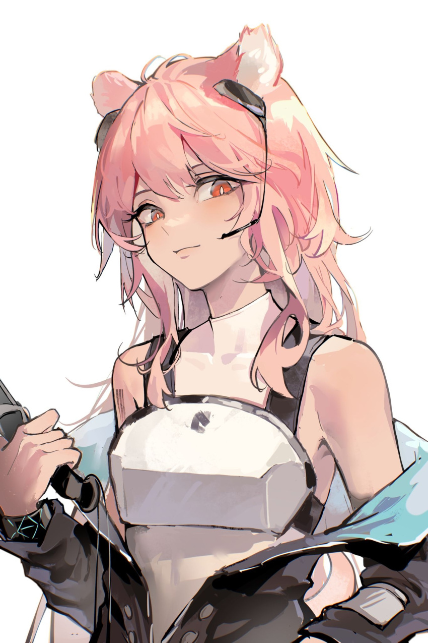 1girl, animal_ears, arknights, armor, bare_shoulders, black_jacket, blue_jacket, breastplate