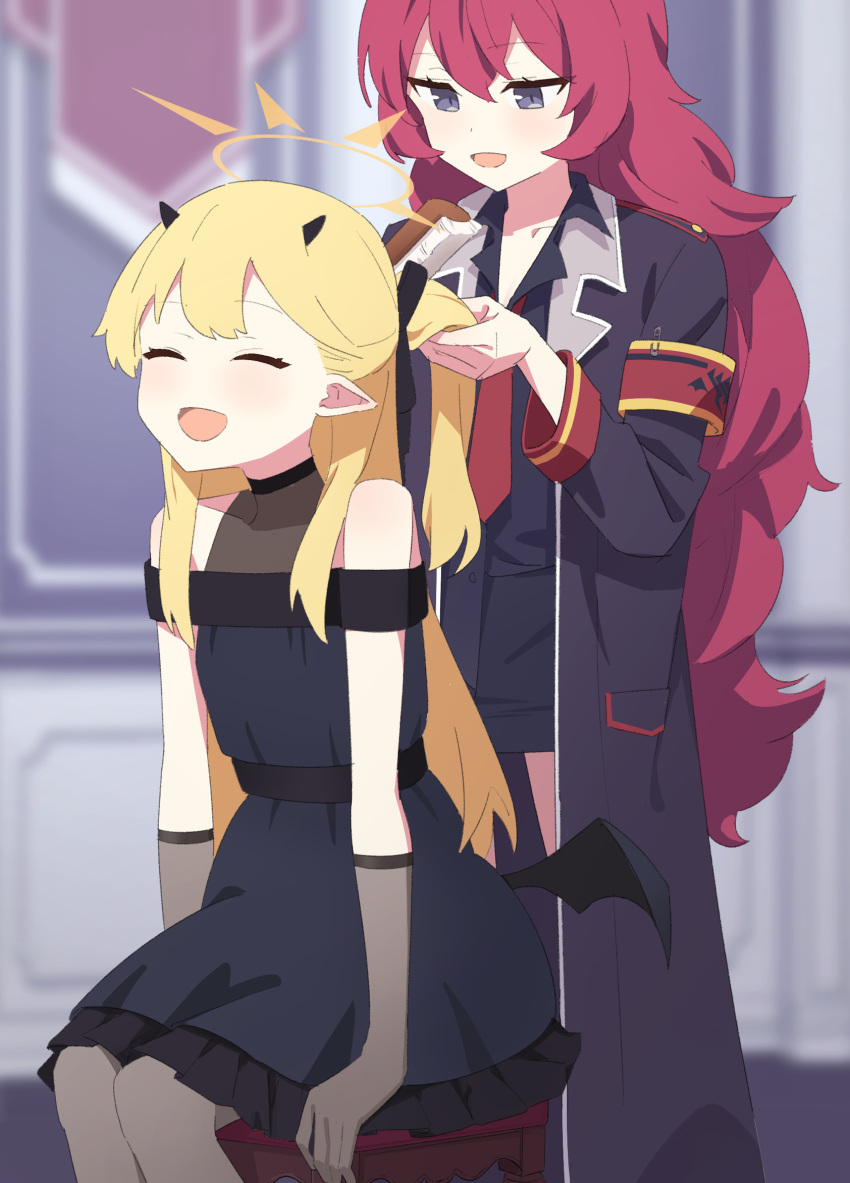 2girls, :d, arm_support, armband, bare_shoulders, black_coat, black_dress, black_shirt