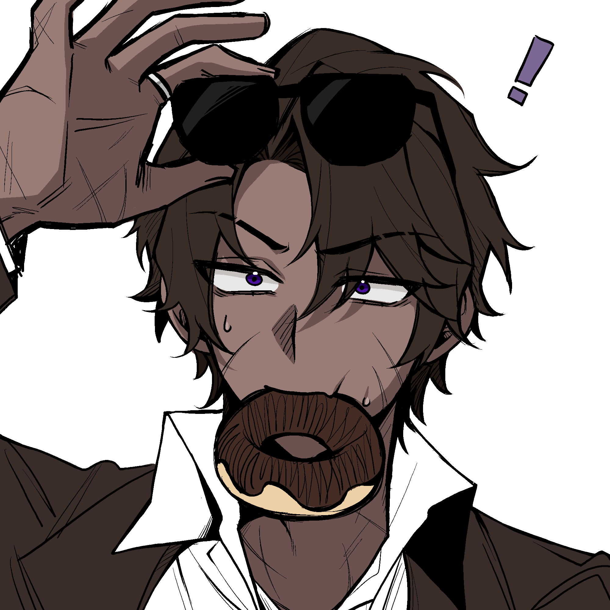 1boy, 8ight, arm_up, brown_coat, brown_hair, coat, collared_shirt, dark-skinned_male, dark_skin, doughnut, food, heathcliff_(project_moon), highres, limbus_company, looking_at_viewer, male_focus, mouth_hold, parted_bangs, portrait, project_moon, scar, shirt, solo, sweat, violet_eyes, white_shirt