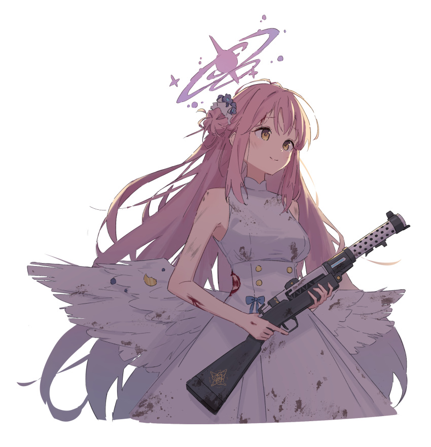 1girl, angel_wings, bare_shoulders, blood, blood_on_arm, blood_on_clothes, blood_on_face, blue_archive
