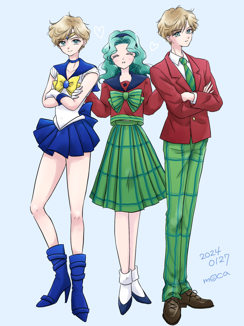 3girls, absurdres, aqua_hair, artist_name, back_bow, bare_legs, bishoujo_senshi_sailor_moon, black_footwear
