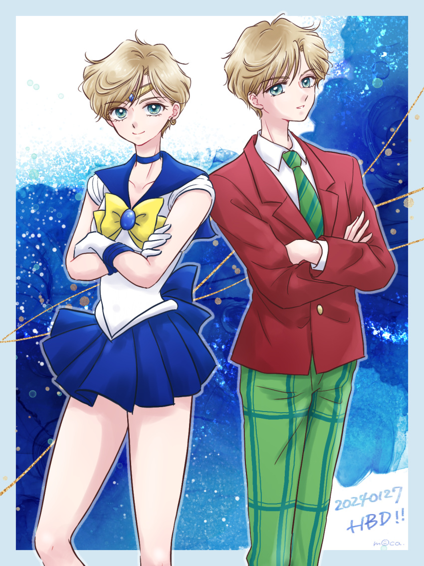 2girls, artist_name, back_bow, bishoujo_senshi_sailor_moon, blazer, blonde_hair, blue_choker, blue_eyes
