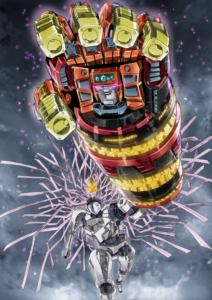 absurdres, cable, clouds, cloudy_sky, crossover, daimidaler_type-3, fire, garimpeiro, glowing, glowing_eyes, goldion_finger, hakaiou:_gaogaigar_vs._betterman, highres, kenzen_robo_daimidaler, looking_at_viewer, mecha, robot, science_fiction, sky, solo, violet_eyes, yuusha_ou_gaogaigar, yuusha_series