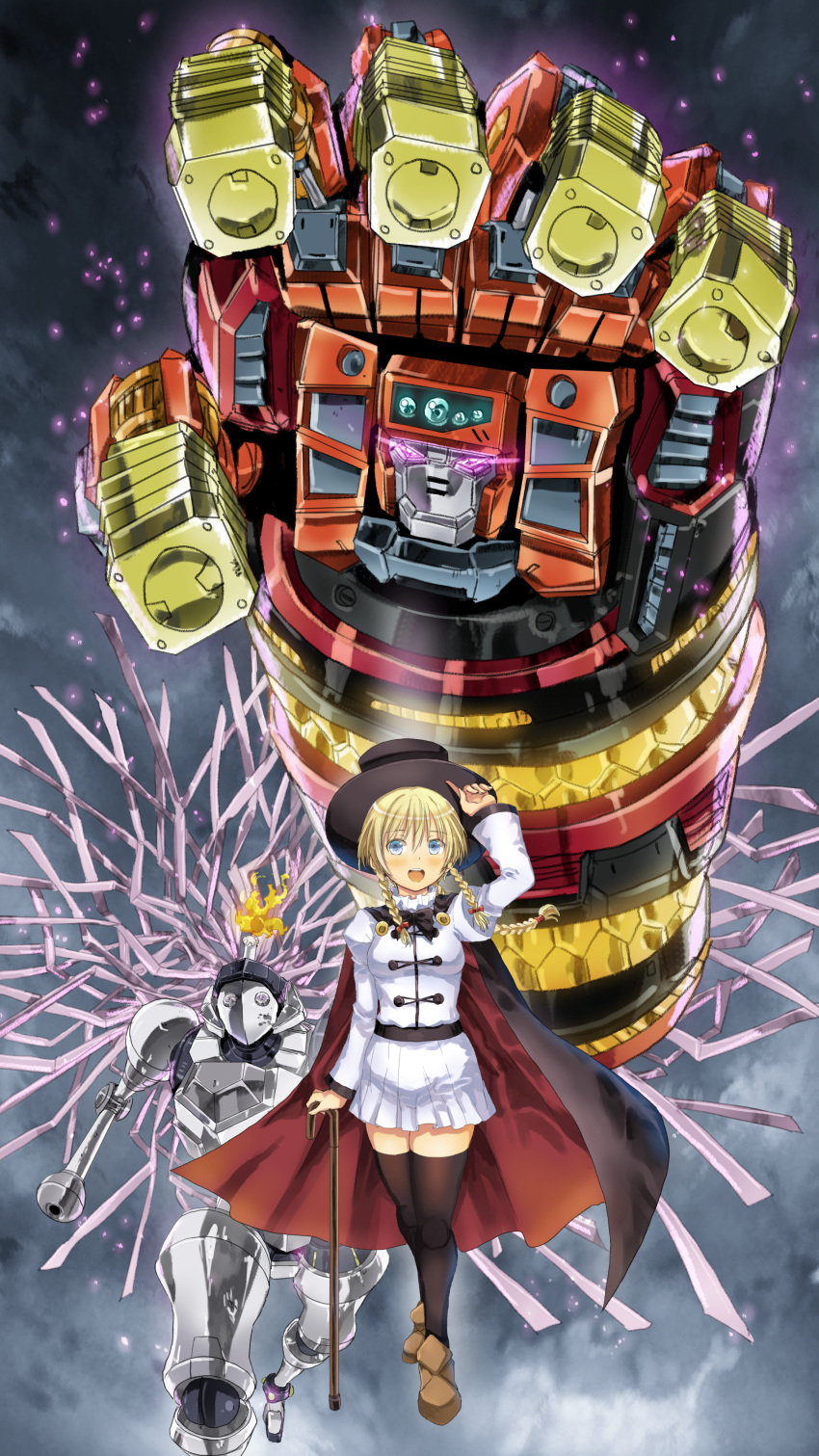 1girl, absurdres, black_cape, black_headwear, black_thighhighs, blonde_hair, blue_eyes, blush, braid, breasts, brown_footwear, cable, cane, cape, clouds, cloudy_sky, crossover, daimidaler_type-3, fire, garimpeiro, glowing, glowing_eyes, goldion_finger, hair_between_eyes, hakaiou:_gaogaigar_vs._betterman, hat, highres, jacket, kenzen_robo_daimidaler, looking_at_viewer, mecha, medium_breasts, open_mouth, red_cape, rikantsu_seabury, robot, science_fiction, skirt, sky, smile, thigh-highs, top_hat, twin_braids, violet_eyes, white_jacket, white_skirt, yuusha_ou_gaogaigar, yuusha_series