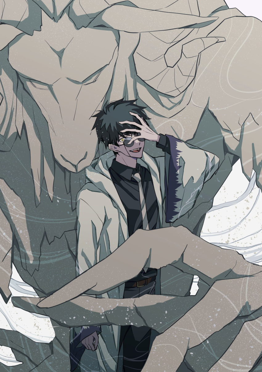 1boy, belt, black_hair, character_request, collared_shirt, glasses, hand_on_own_head, highres