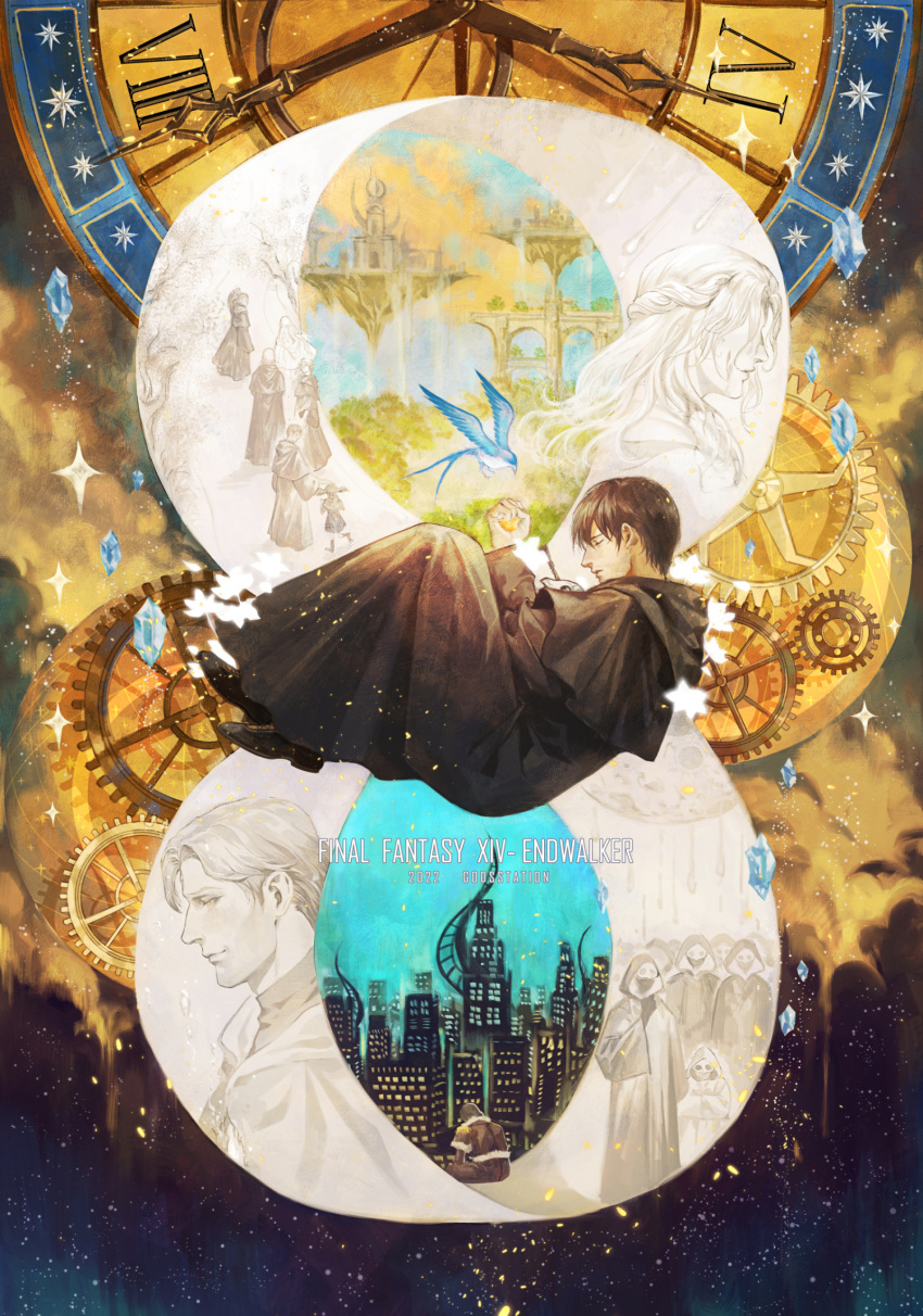 2girls, 5boys, 6+others, adventurer_(ff14), amaurot, analog_clock, artist_name, bird