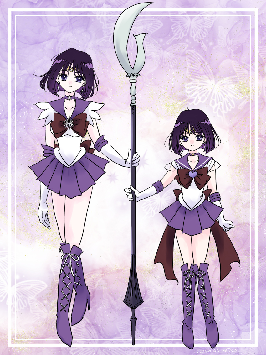 2girls, absurdres, artist_name, back_bow, bishoujo_senshi_sailor_moon, boots, bow, brooch