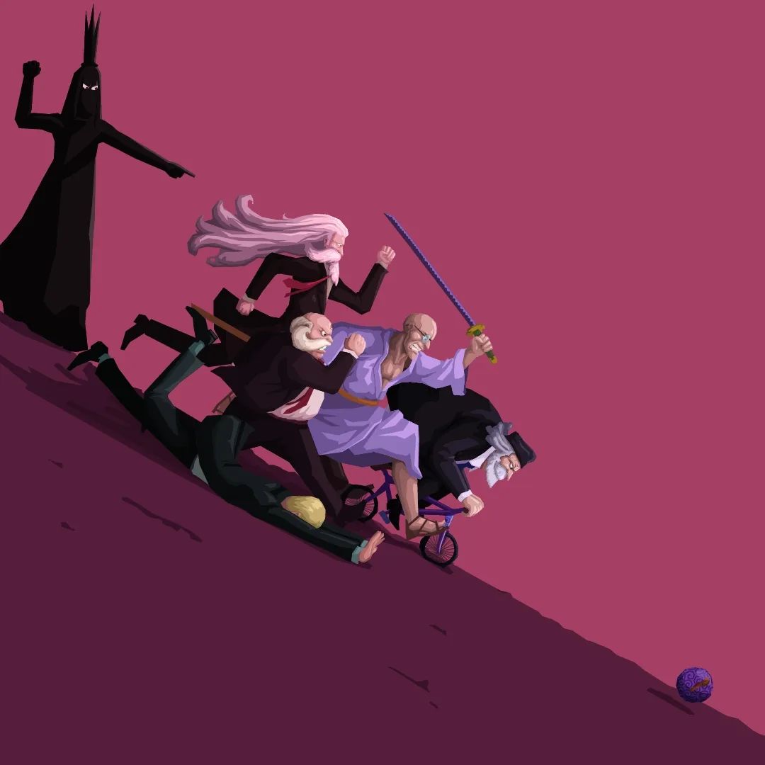 6+boys, angry, bald, beard, bicycle, black_headwear, black_suit, blonde_hair, clenched_hands, crown, devil_fruit, ethanbaron_v._nusjuro, facial_hair, fallen_down, frown, glasses, henry_brine_art, holding, holding_sword, holding_weapon, imu_(one_piece), jaygarcia_saturn, long_hair, looking_down, male_focus, marcus_mars, multiple_boys, mustache, necktie, one_piece, pink_background, pointing, purple_robe, red_eyes, red_necktie, riding, riding_bicycle, robe, running, shepherd_ju_peter, shirt, short_hair, suit, sword, topman_warcury, weapon, white_hair, white_shirt