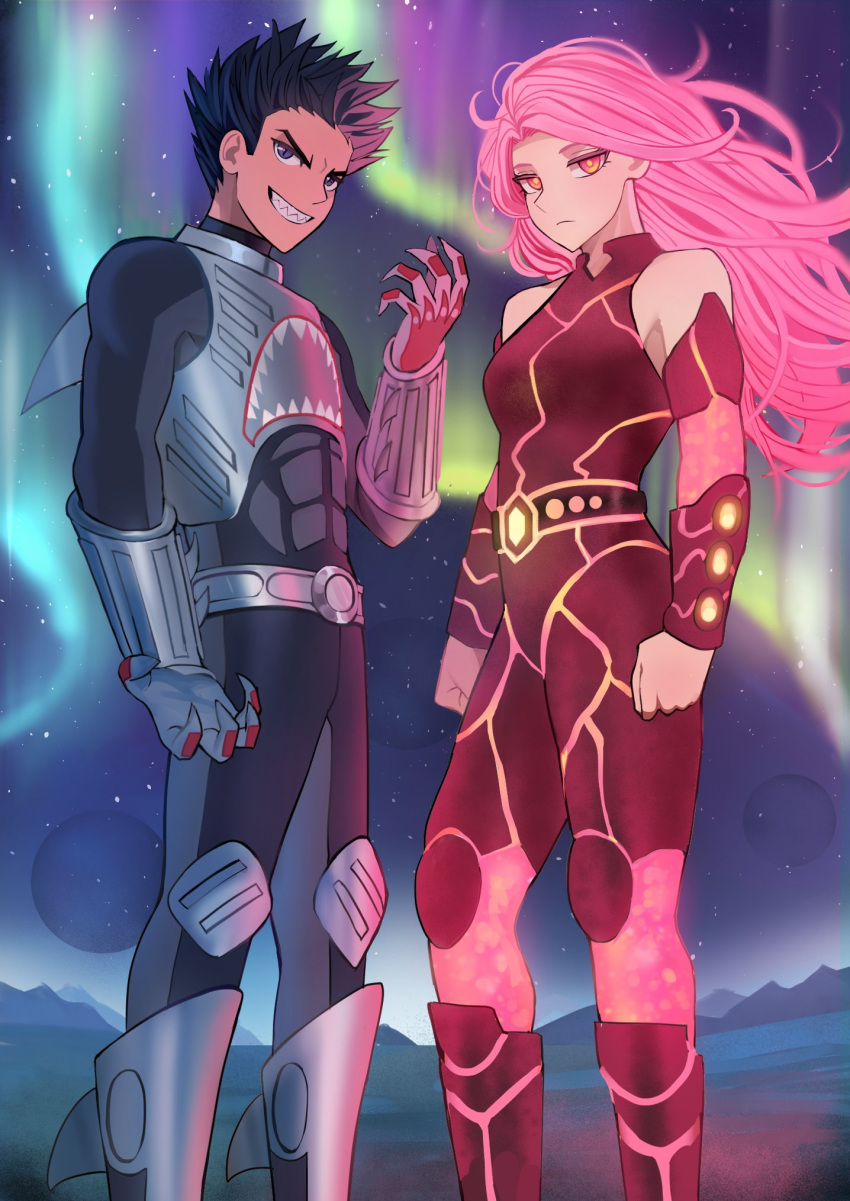1boy, 1girl, aurora, belt, black_bodysuit, black_eyes, black_hair, bodysuit, boots, closed_mouth, detached_sleeves, expressionless, fake_claws, gloves, highres, jourd4n, lavagirl, long_hair, pink_hair, red_bodysuit, red_eyes, shark_fin, sharkboy, sharp_teeth, short_hair, smile, standing, teeth, the_adventures_of_sharkboy_and_lavagirl_in_3-d