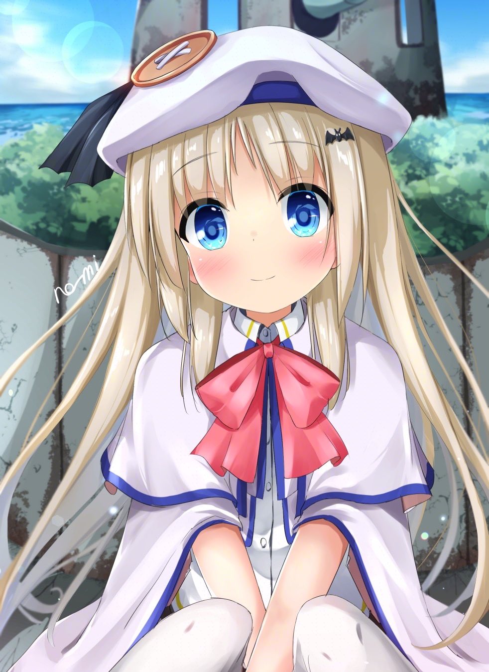 1girl, beret, between_legs, blue_eyes, blurry, blurry_background, cape, closed_mouth