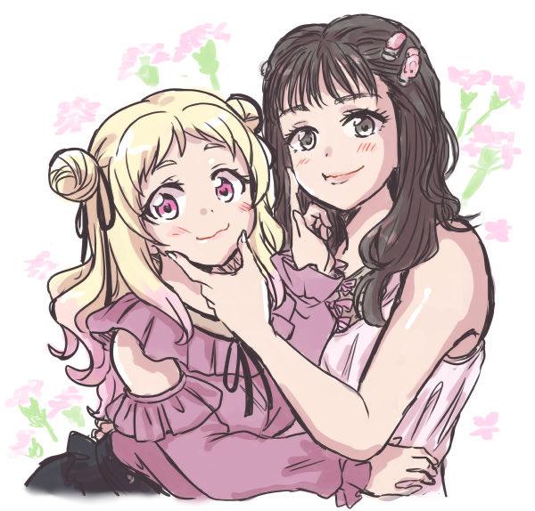 2girls, animification, black_ribbon, black_skirt, blonde_hair, brown_eyes, brown_hair, detached_sleeves, double_bun, dress, emori_aya, flower, frilled_shirt, frills, gradient_hair, hair_bun, hair_ribbon, long_hair, looking_at_viewer, love_live!, love_live!_superstar!!, multicolored_hair, multiple_girls, onitsuka_natsumi, pink_dress, pink_eyes, pink_flower, pink_hair, purple_shirt, real_life, ribbon, shirt, shirt_tucked_in, skirt, sleeveless, sleeveless_dress, sleeveless_shirt, smile, unya, voice_actor