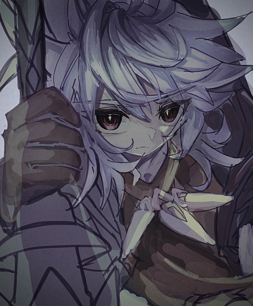 1boy, ahoge, arumia, bishounen, bone_necklace, genshin_impact, grey_hair, highres