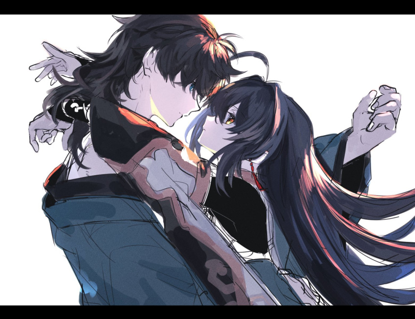 1boy, 1other, ahoge, androgynous, black_hair, blue_eyes, detached_sleeves, earrings