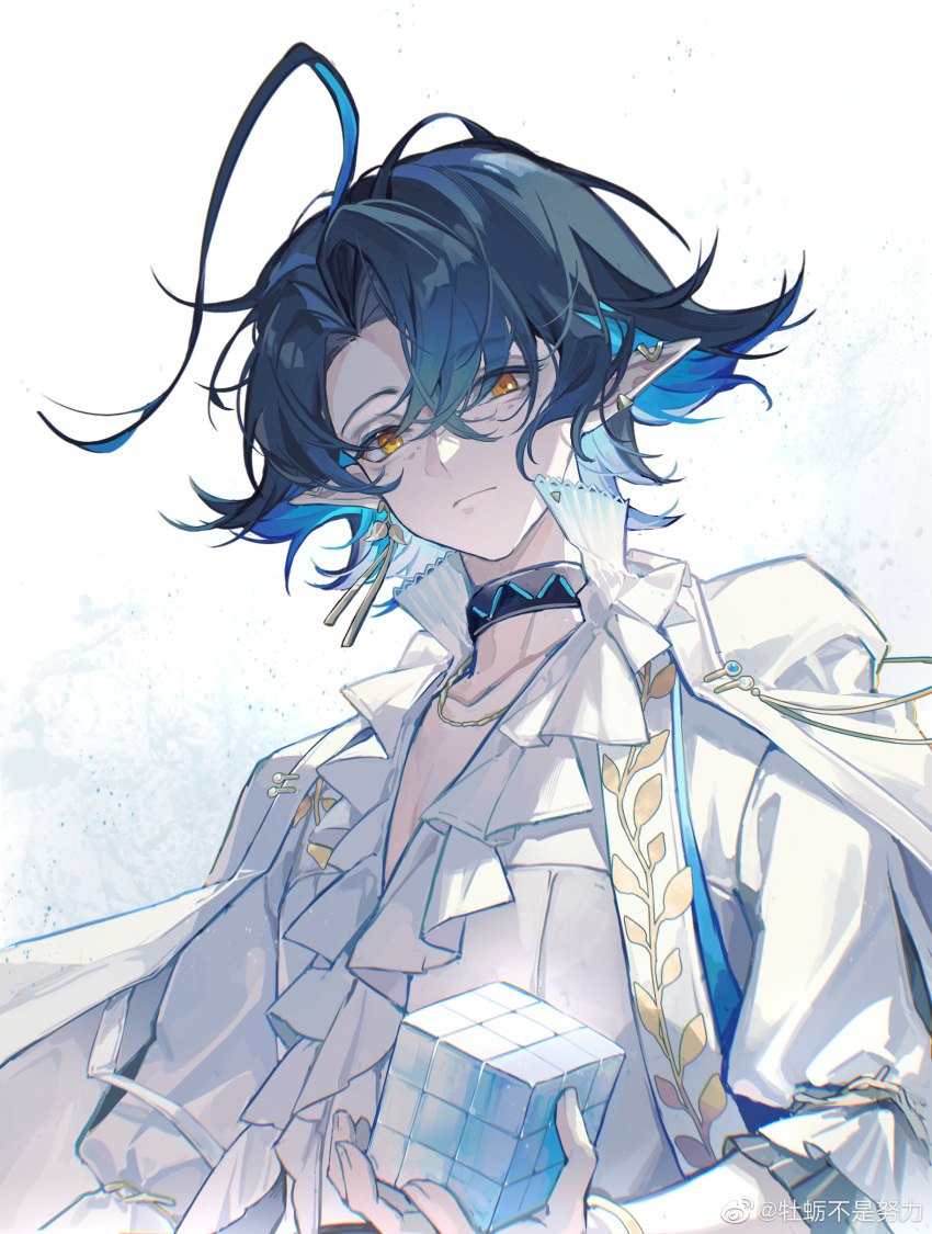 1boy, absurdres, ahoge, arknights, bishounen, black_choker, black_hair, blue_hair