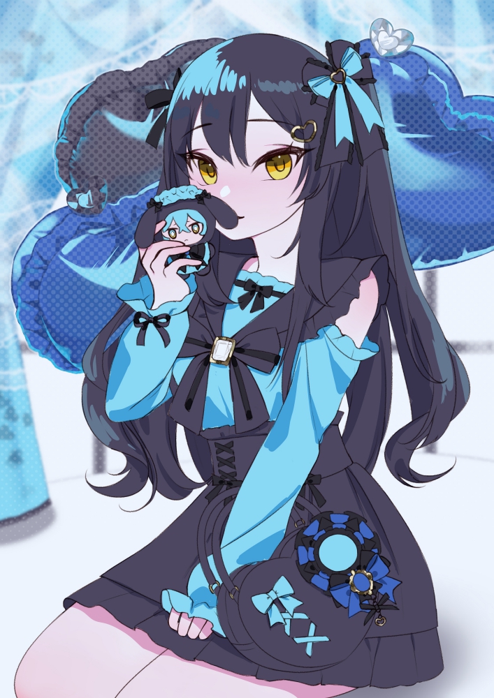 1girl, bag, black_bag, black_bow, black_dress, black_hair, black_sailor_collar, blue_shirt