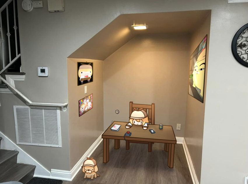 1girl, absurdres, air_vent, brown_headwear, bubba_(watson_amelia), can, chair, chibi