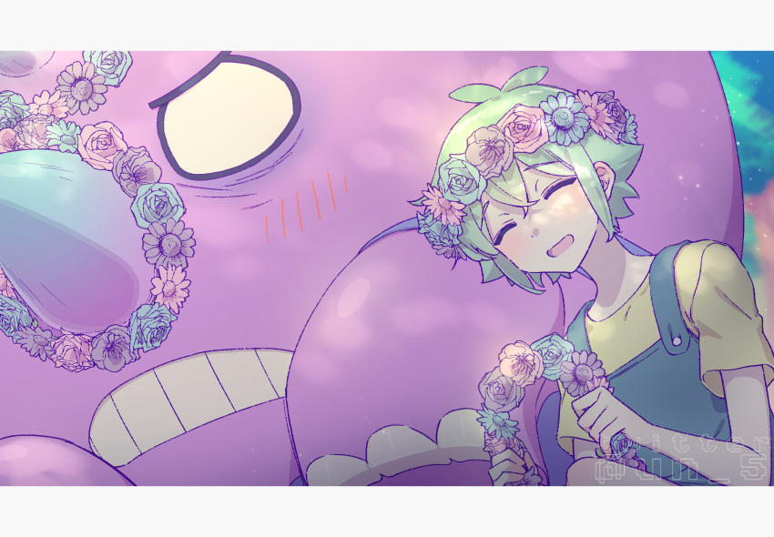 2boys, antenna_hair, artist_name, basil_(headspace)_(omori), basil_(omori), blue_overalls, blush, boss_(omori)