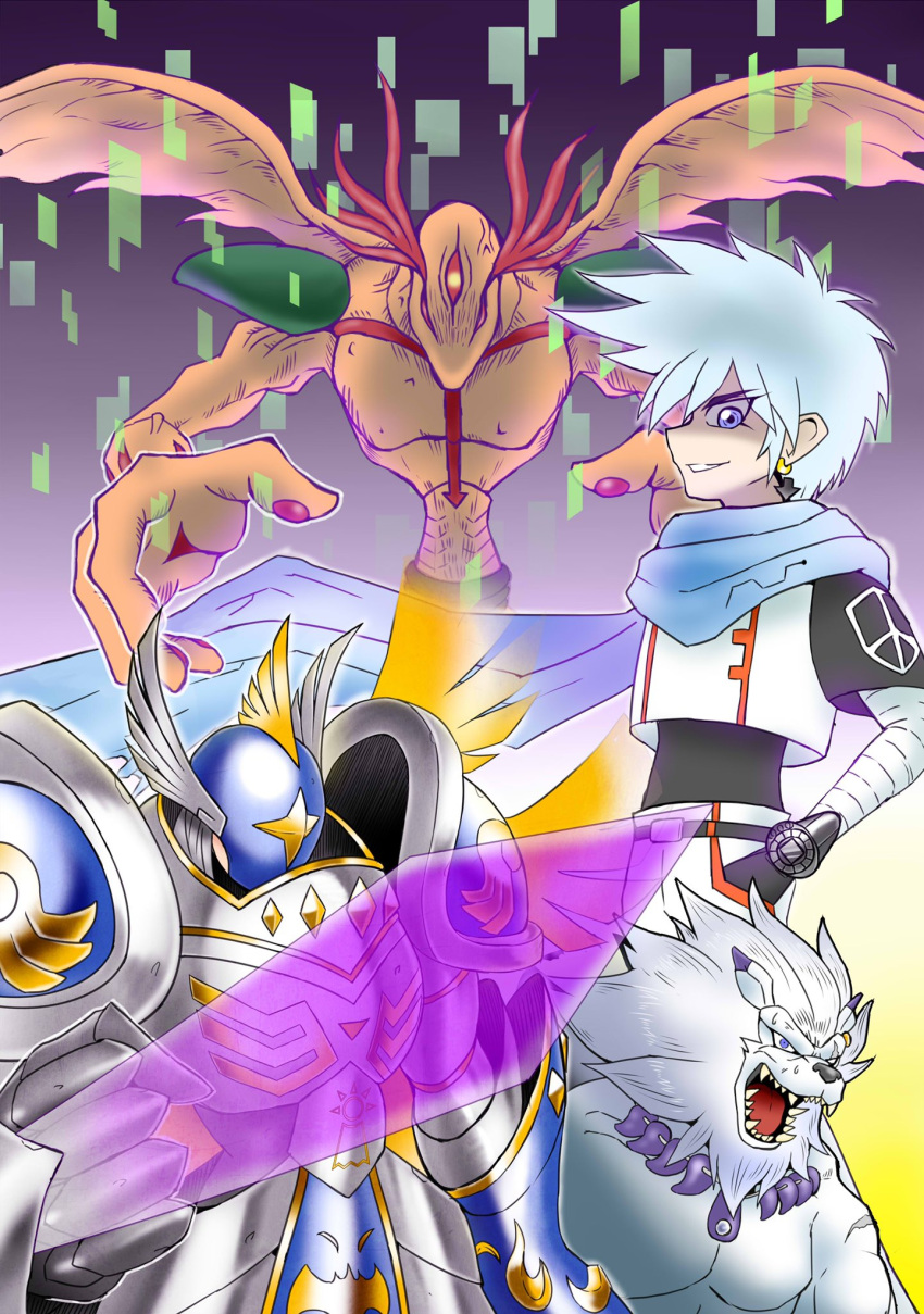 angel, angel_boy, arkadimon_adult, armor, digimon, digimon_adventure_v-tamer_01, digivice, energy_sword, full_armor, highres, lion, panjyamon, saiba_neo, seraphimon, sharp_teeth, sword, teeth, weapon, zeta_(kyokugen)