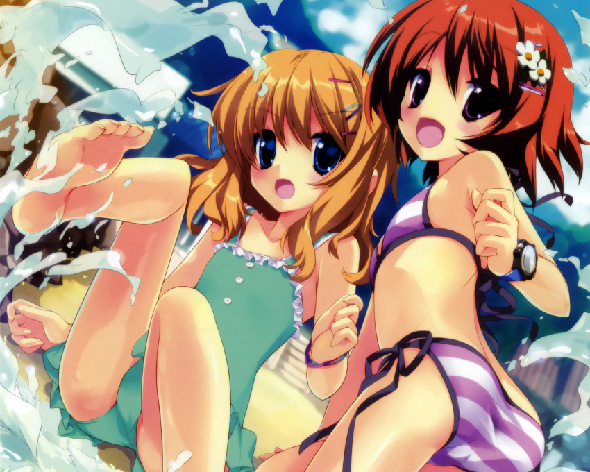 2girls, barefoot, bikini, blue_eyes, dengeki_moeoh, flat_chest, ruchie, short_hair
