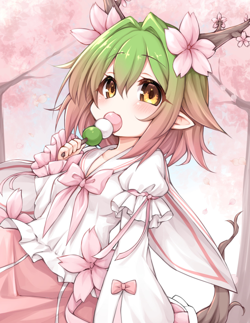1girl, absurdres, bow, cherry_blossoms, dango, dutch_angle, flower, food